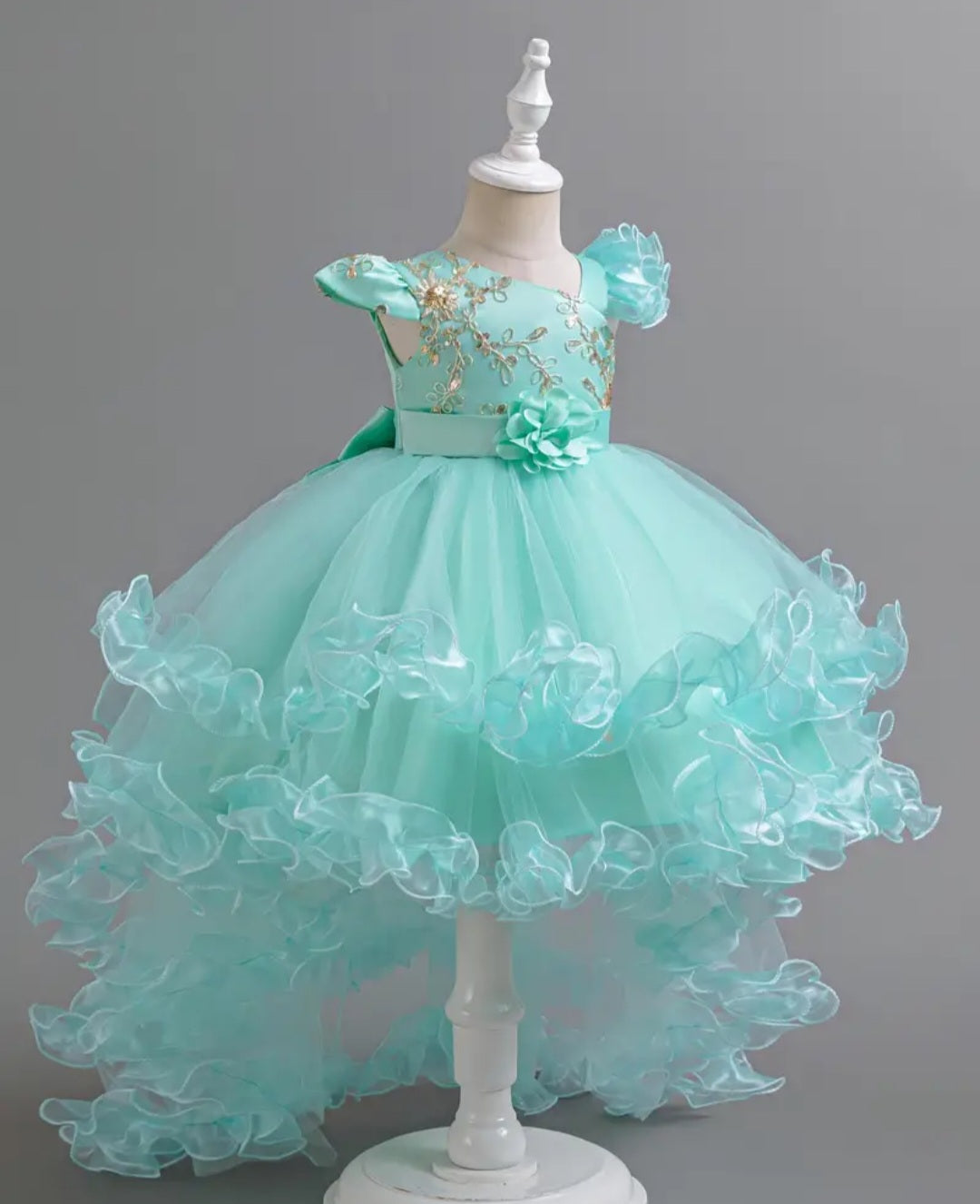 Girls Delicate & Fancy Asymmetrical Flutter Sleeve Floral Stitched Mesh Tutu Layered Dress With Belt For Ball & Prom