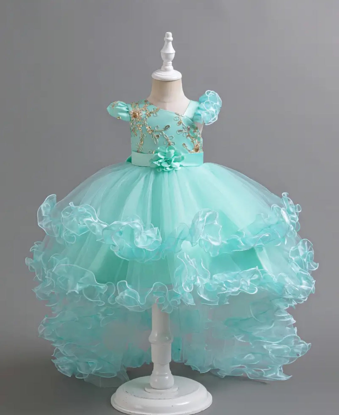 Girls Delicate & Fancy Asymmetrical Flutter Sleeve Floral Stitched Mesh Tutu Layered Dress With Belt For Ball & Prom