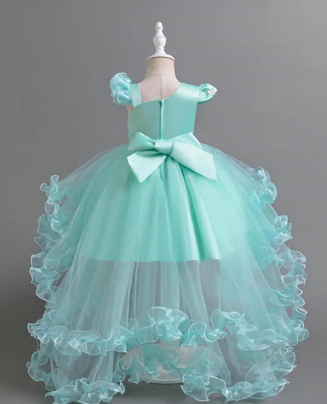 Girls Delicate & Fancy Asymmetrical Flutter Sleeve Floral Stitched Mesh Tutu Layered Dress With Belt For Ball & Prom