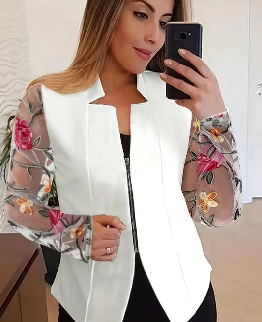 Floral Embroidered Open Front Blazer, Elegant Long Sleeve Blazer For Office & Work, Women's Clothing