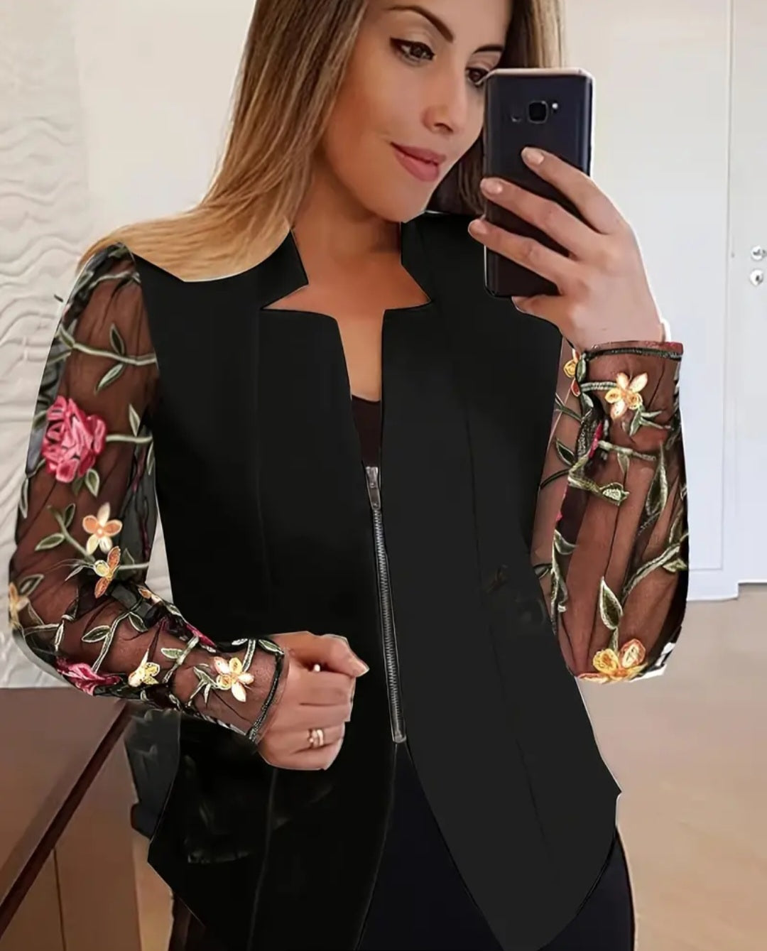 Floral Embroidered Open Front Blazer, Elegant Long Sleeve Blazer For Office & Work, Women's Clothing