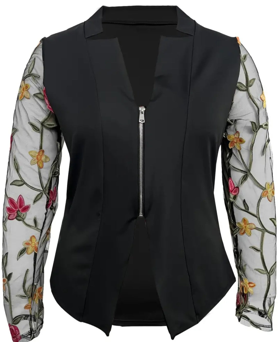 Floral Embroidered Open Front Blazer, Elegant Long Sleeve Blazer For Office & Work, Women's Clothing