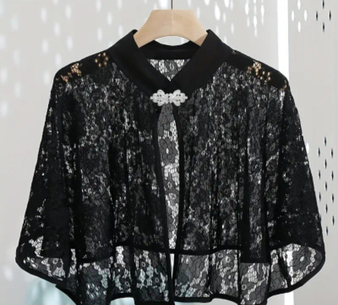 Women's Elegant Lace Cardigan, Summer Light Cape With Rhinestone Clasp, Versatile Shawl For Dresses, Cheongsam, Engagement & Wedding, Air Conditioning Sun Protection