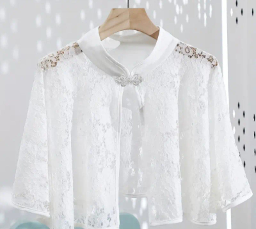 Women's Elegant Lace Cardigan, Summer Light Cape With Rhinestone Clasp, Versatile Shawl For Dresses, Cheongsam, Engagement & Wedding, Air Conditioning Sun Protection