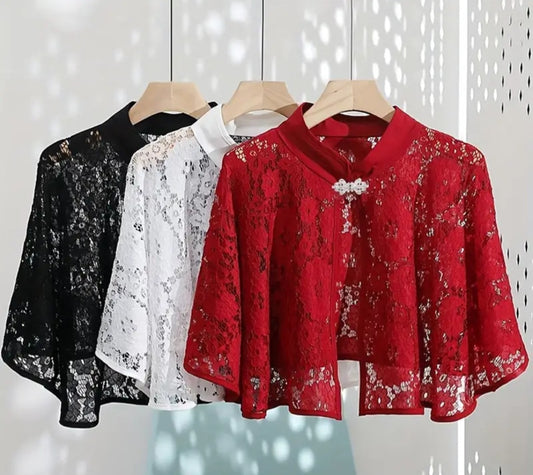 Women's Elegant Lace Cardigan, Summer Light Cape With Rhinestone Clasp, Versatile Shawl For Dresses, Cheongsam, Engagement & Wedding, Air Conditioning Sun Protection