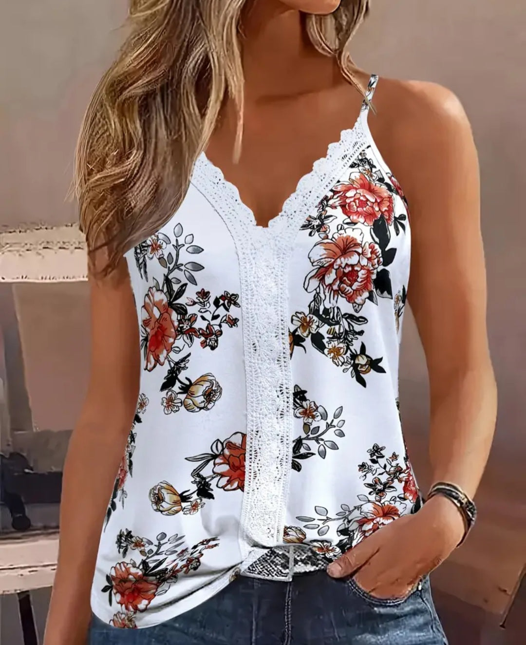 Floral Print Spaghetti Strap Top, Y2K Contrast Lace Sleeveless Cami Top For Summer, Women's Clothing