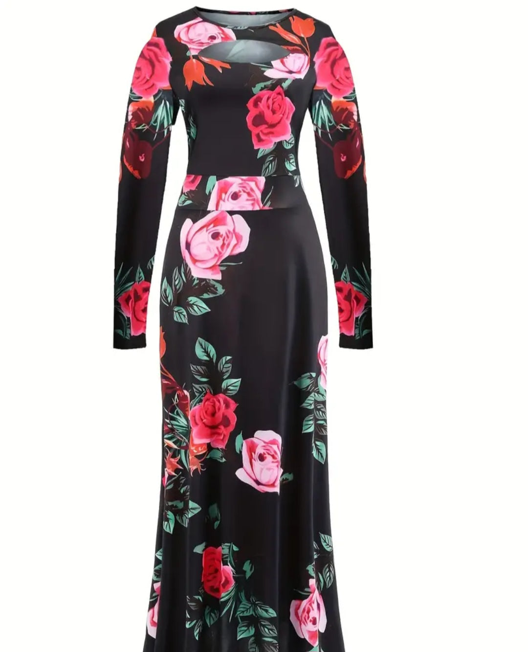 Cut Out Floral Print Dress, Vintage Long Sleeve Maxi Dress, Women's Clothing