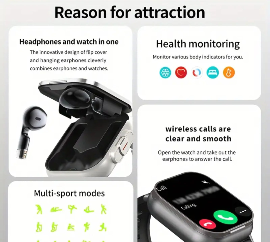 Funky Glow Smartwatch 2024, 2-in-l Earphone & Watch Combo, 4.65cm Sports Tracker, Wireless Calls, Remote Camera Control, Fitness Planning with 100+ Sport Modes, Sedentary Alert & Sleep Monitor, Compatible with Android/iPhone