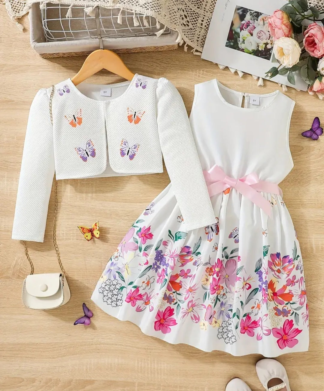 2pcs Little Girl Butterfly Dresses Outfit Floral Tank Dress And Graphic Cardigan Top Set, For Cute And Casual Look, Kids Clothing