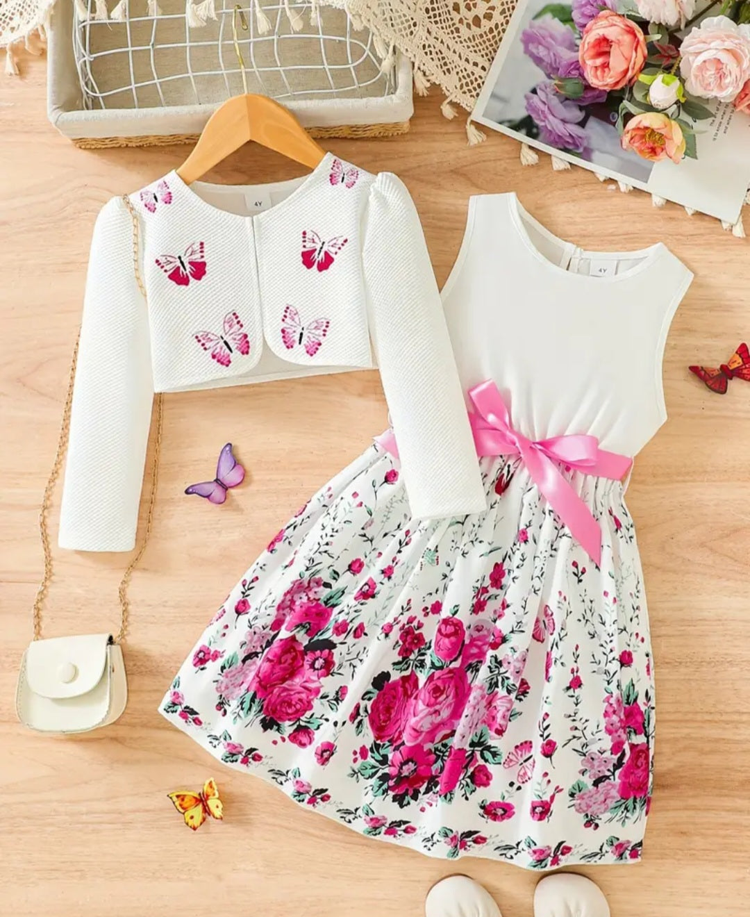 2pcs Little Girl Butterfly Dresses Outfit Floral Tank Dress And Graphic Cardigan Top Set, For Cute And Casual Look, Kids Clothing