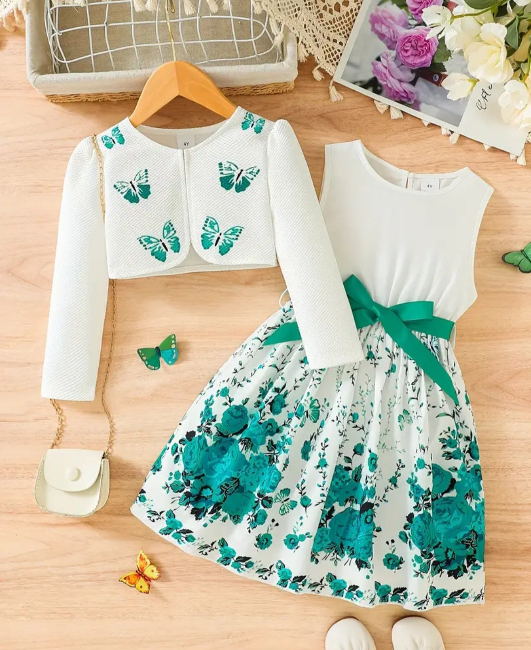 2pcs Little Girl Butterfly Dresses Outfit Floral Tank Dress And Graphic Cardigan Top Set, For Cute And Casual Look, Kids Clothing