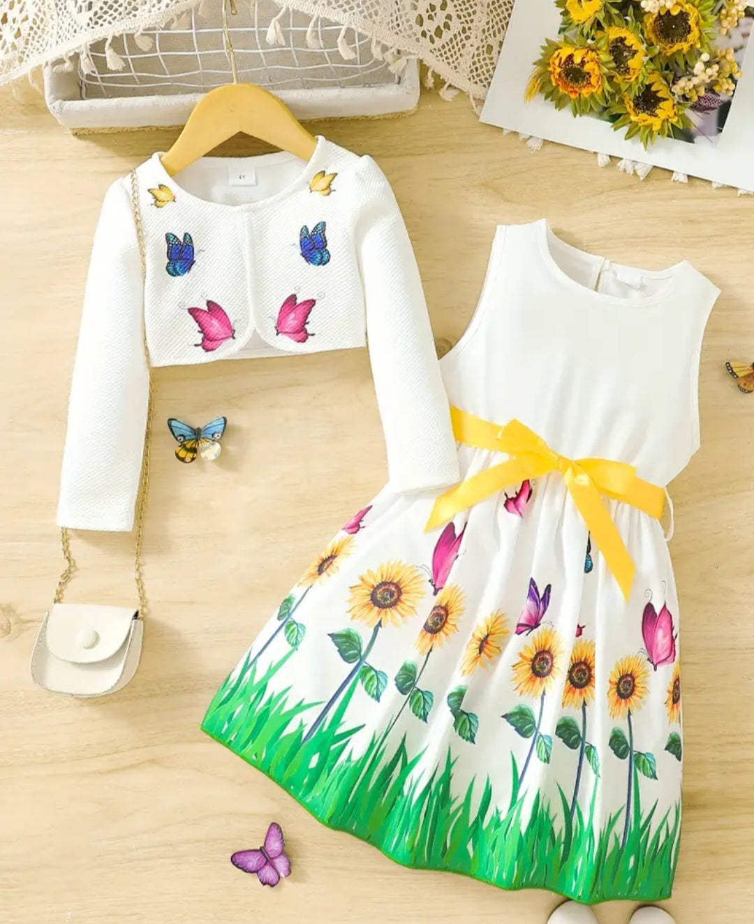 2pcs Little Girl Butterfly Dresses Outfit Floral Tank Dress And Graphic Cardigan Top Set, For Cute And Casual Look, Kids Clothing