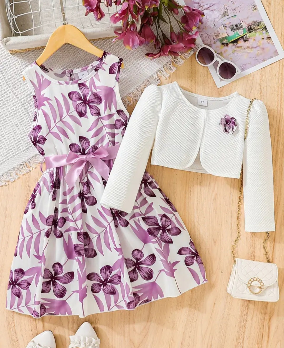 2pcs Little Girl Butterfly Dresses Outfit Floral Tank Dress And Graphic Cardigan Top Set, For Cute And Casual Look, Kids Clothing