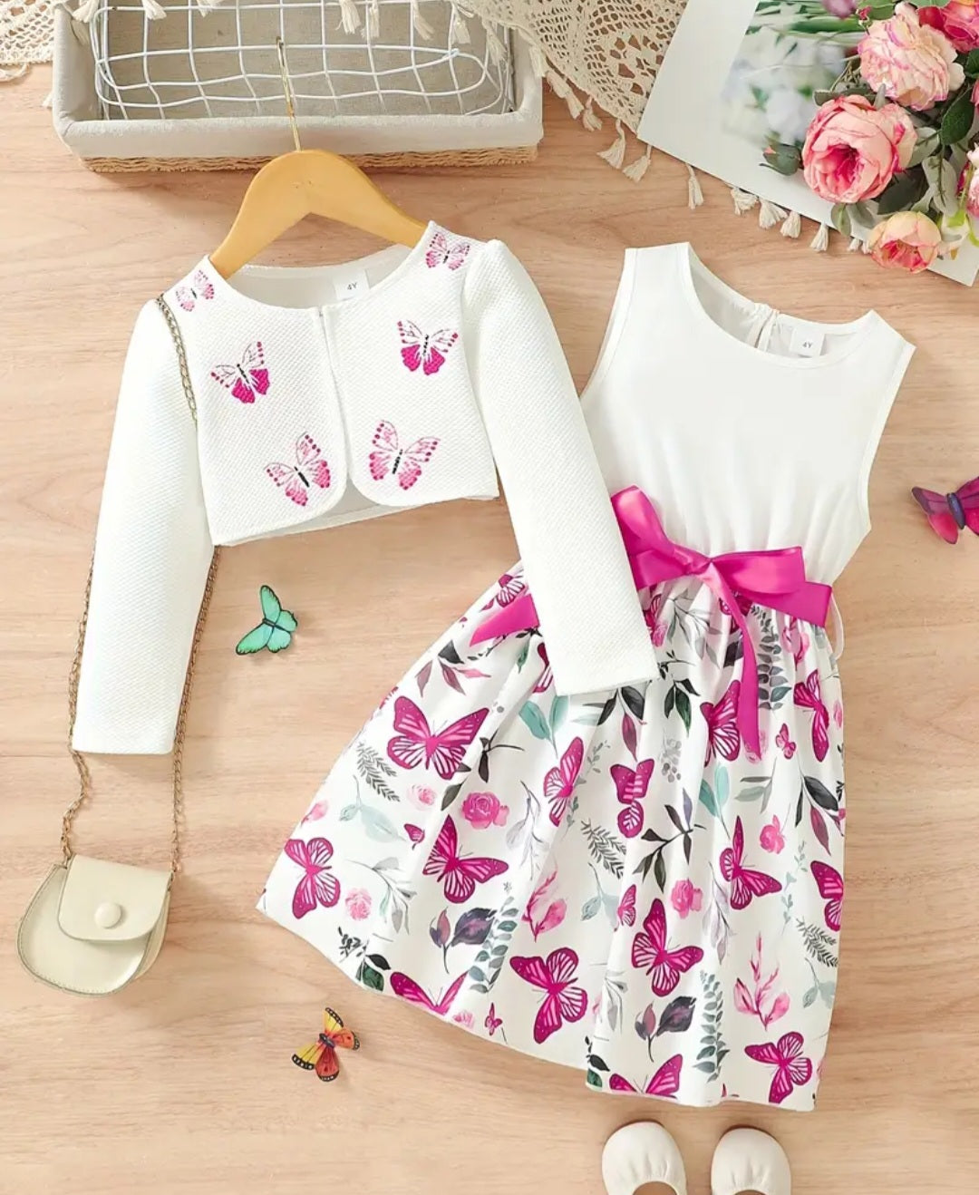 2pcs Little Girl Butterfly Dresses Outfit Floral Tank Dress And Graphic Cardigan Top Set, For Cute And Casual Look, Kids Clothing