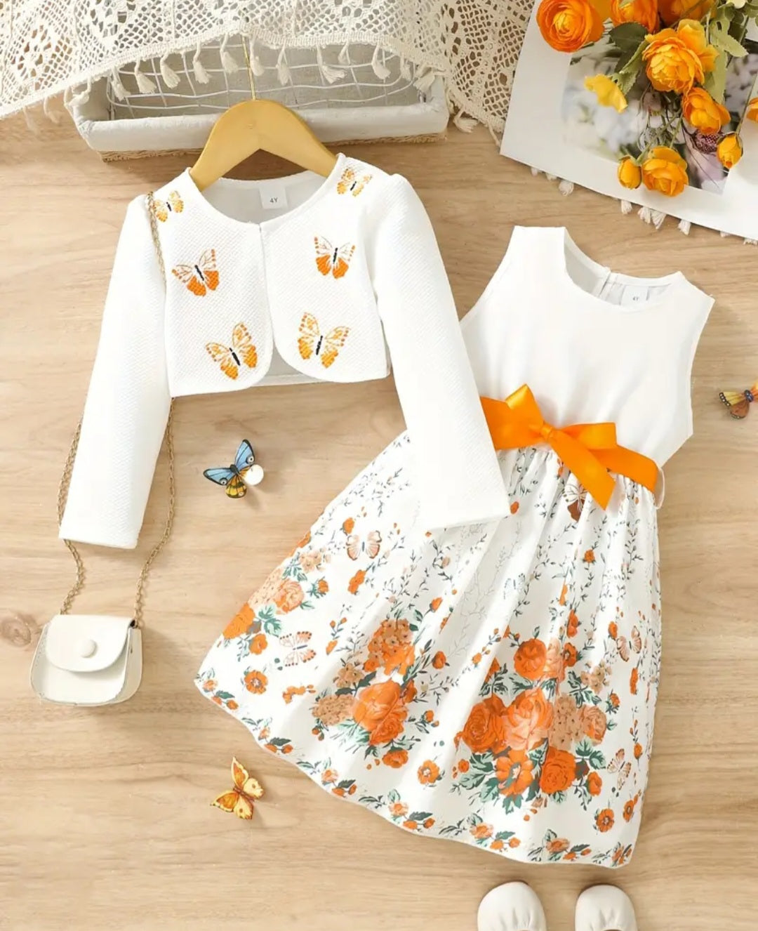 2pcs Little Girl Butterfly Dresses Outfit Floral Tank Dress And Graphic Cardigan Top Set, For Cute And Casual Look, Kids Clothing