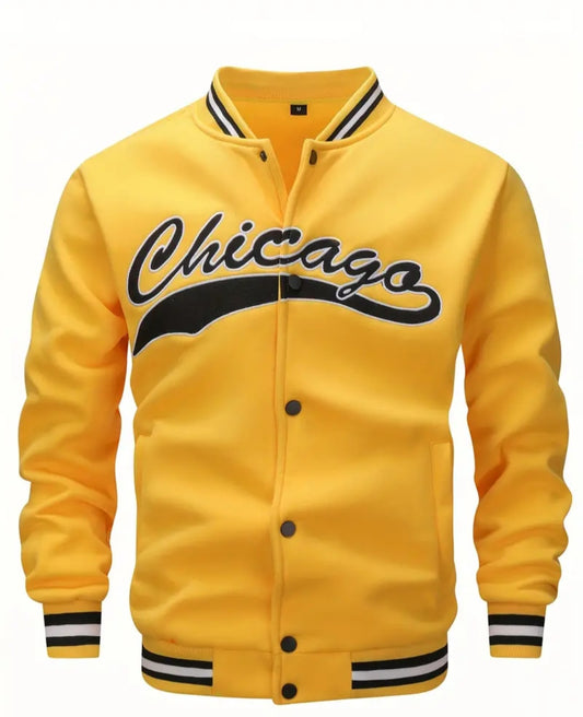 Men's 'CHICAGO' Calligraphy Embroidery Baseball Jacket, Casual Stylish Long sleeve Buttons Coat Outdoor Clothes