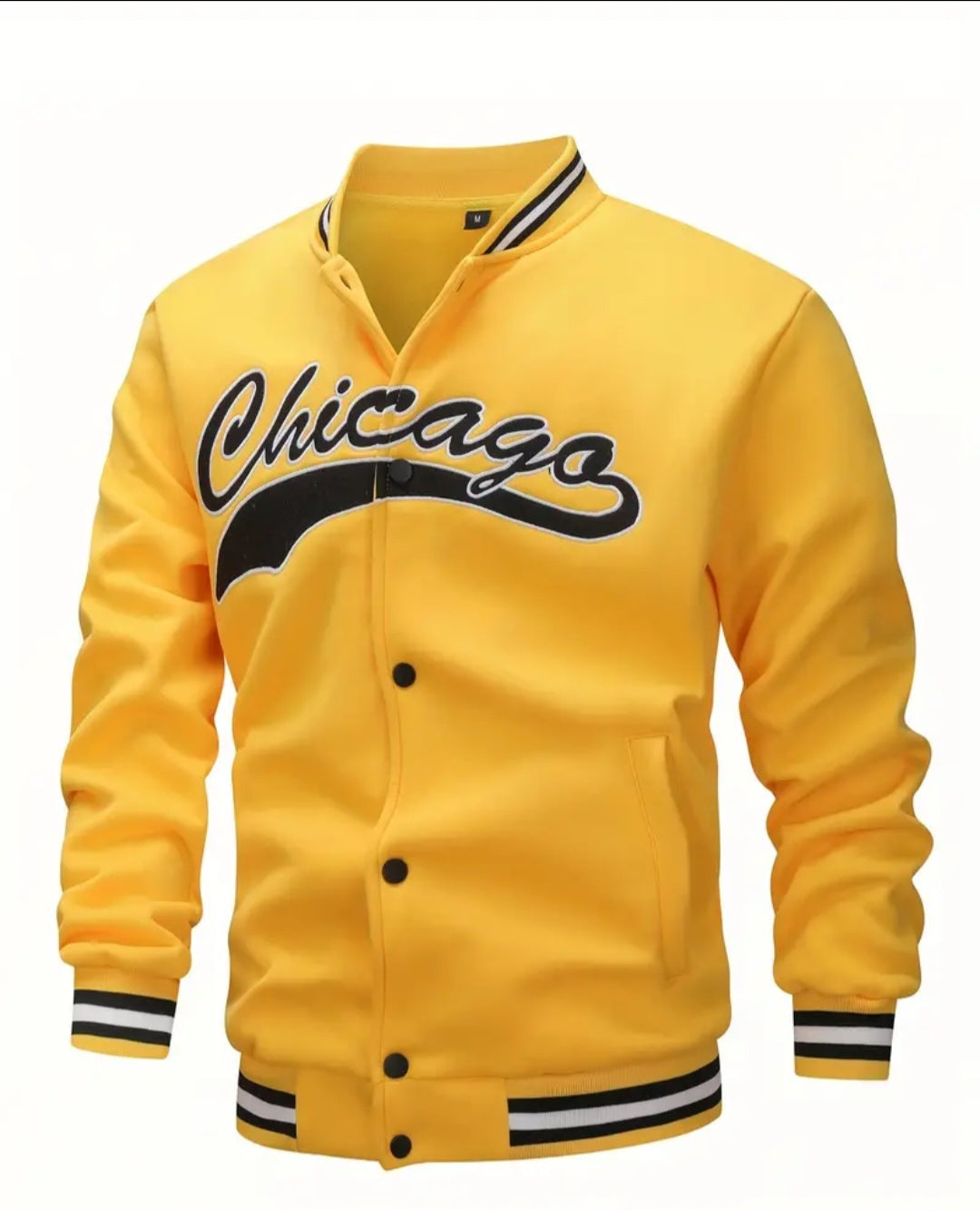 Men's 'CHICAGO' Calligraphy Embroidery Baseball Jacket, Casual Stylish Long sleeve Buttons Coat Outdoor Clothes