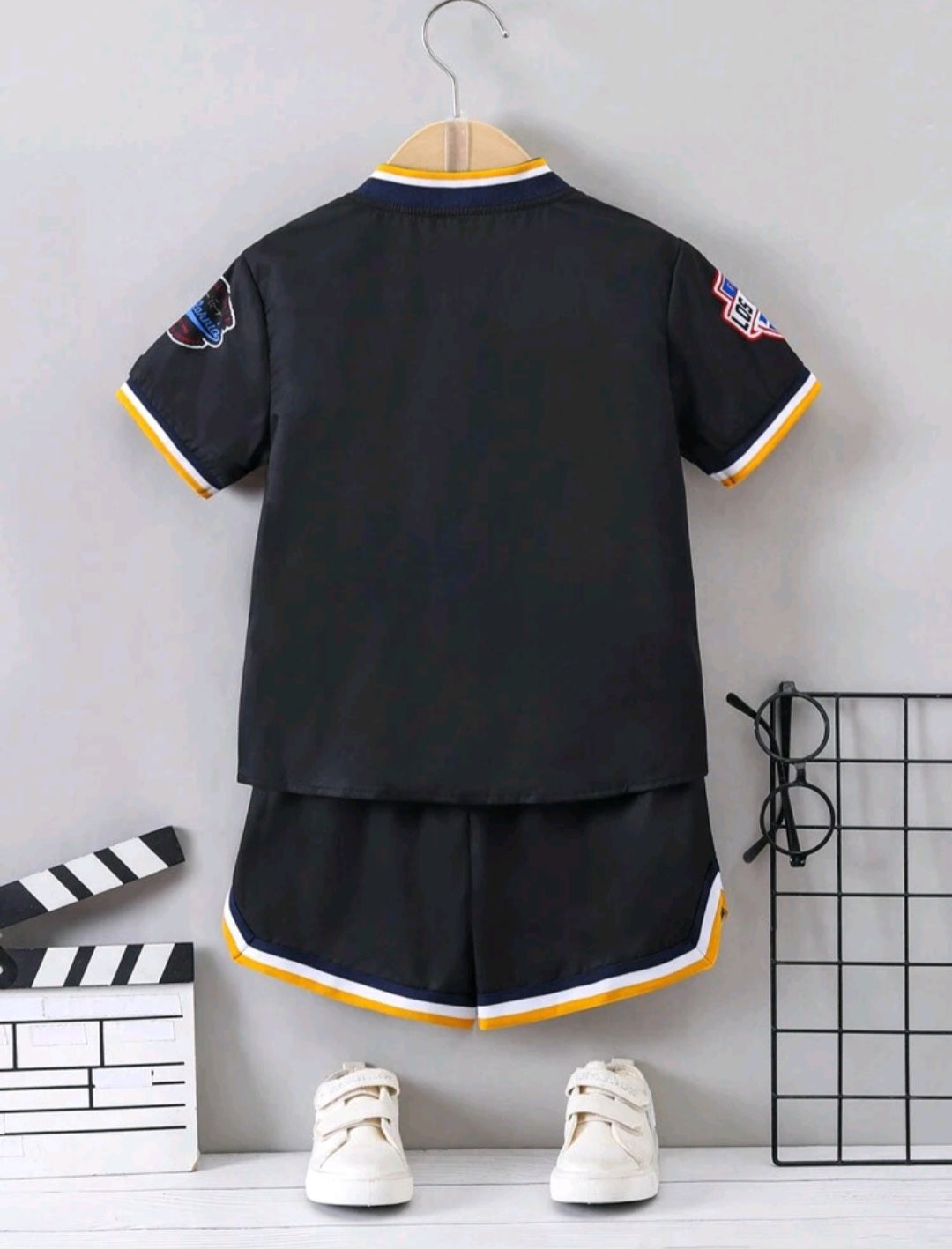 Young Boy Letter Graphic Striped Trim Baseball Collar Shirt & Shorts Without Tee