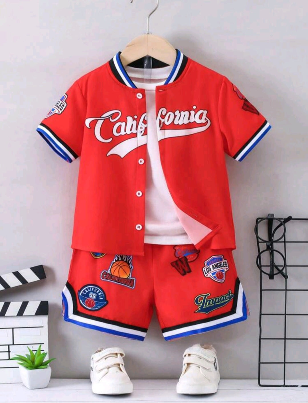 Young Boy Letter Graphic Striped Trim Baseball Collar Shirt & Shorts Without Tee