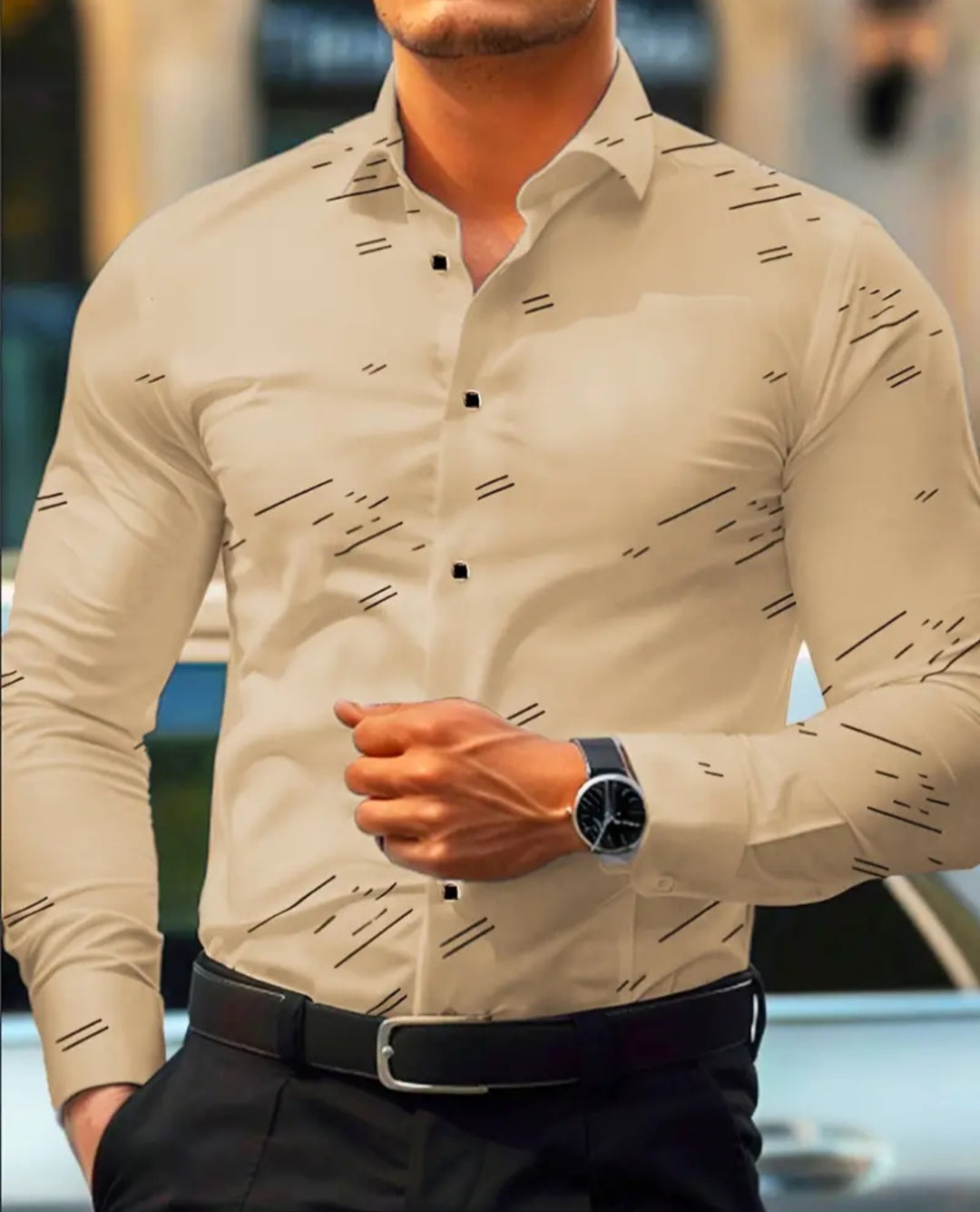 Men's Creative Stripes Pattern Print Lapel Collar Design Dress Shirts, Long Sleeve Casual Button Up Shirt For Formal Occasions