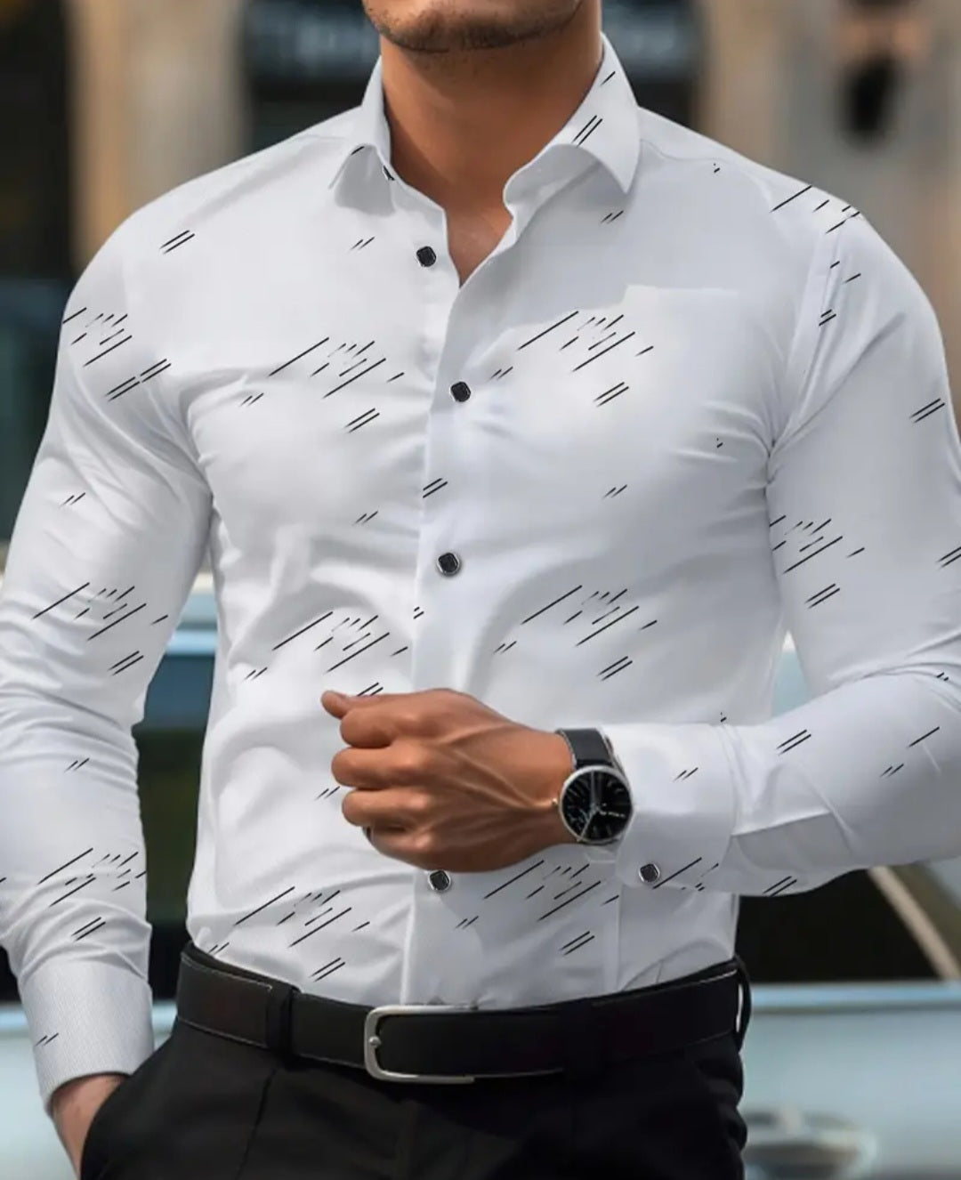 Men's Creative Stripes Pattern Print Lapel Collar Design Dress Shirts, Long Sleeve Casual Button Up Shirt For Formal Occasions