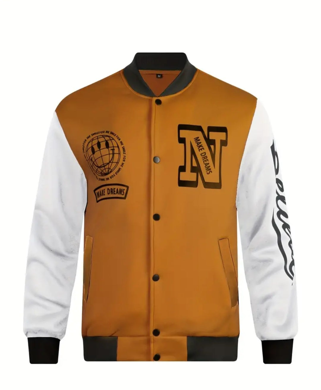 Globe Print Varsity Jacket, Men's Casual Color Block Button Up Jacket For Spring Fall School Baseball