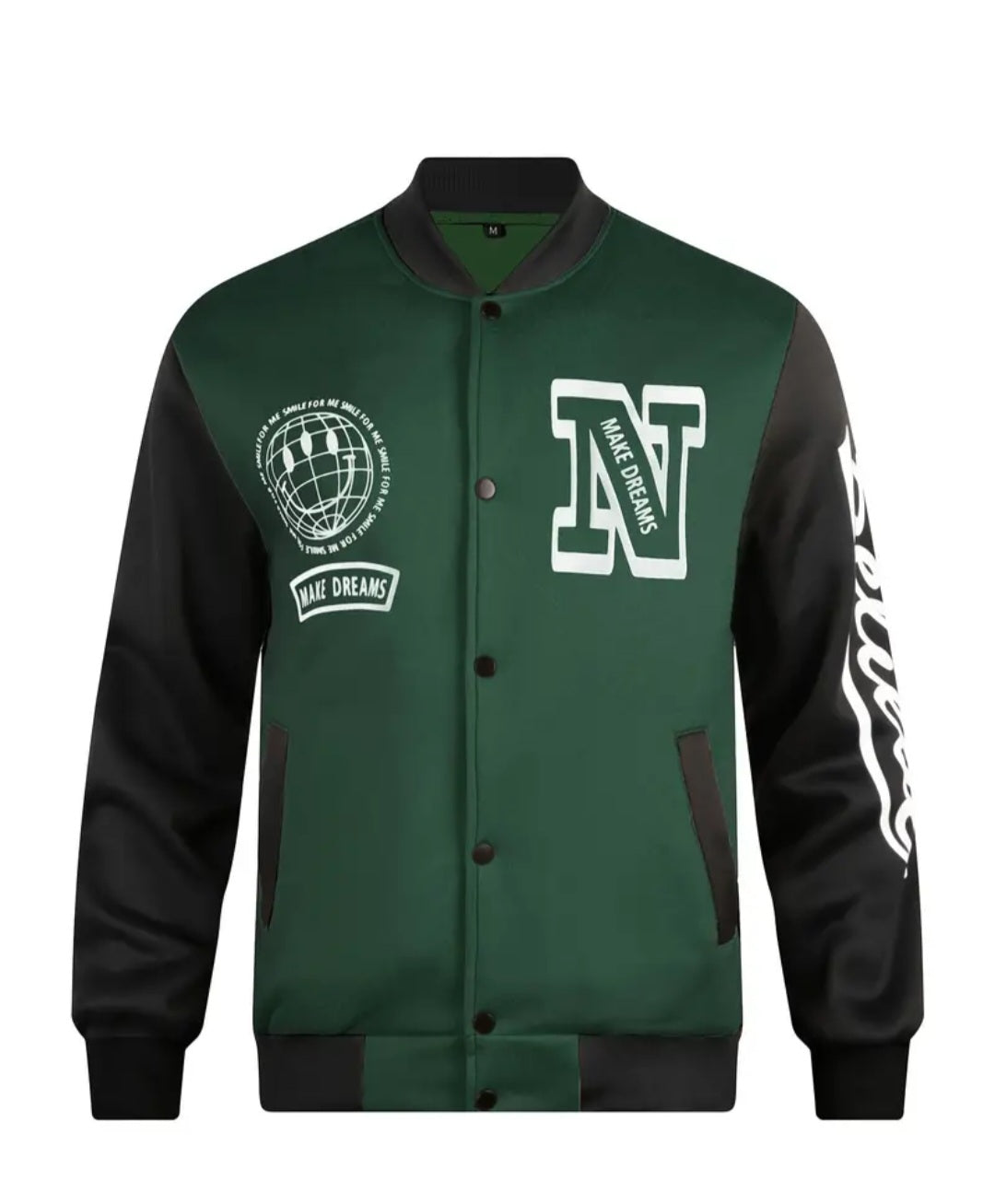 Globe Print Varsity Jacket, Men's Casual Color Block Button Up Jacket For Spring Fall School Baseball