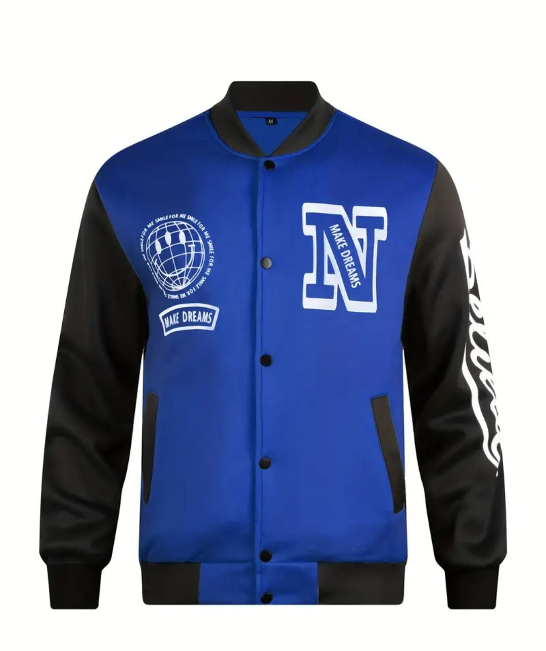 Globe Print Varsity Jacket, Men's Casual Color Block Button Up Jacket For Spring Fall School Baseball