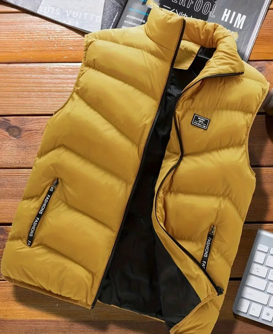 Warm Winter Vest, Men's Casual Zipper Pockets Stand Collar Zip Up Vest For Fall Winter