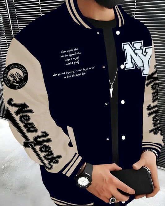 New York Series Men's Casual Fleece Baseball Jacket - 100% Polyester Knit Fabric, Slight Stretch, Alphabets Pattern, Regular Fit Fall/Winter Jacket with Baseball Collar Style