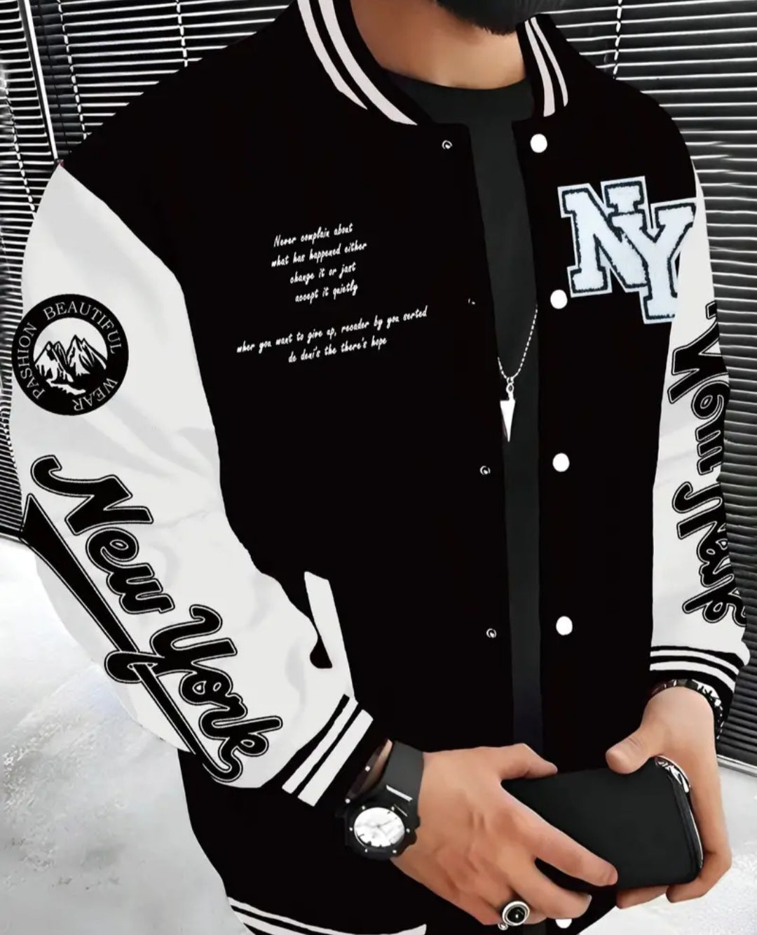 New York Series Men's Casual Fleece Baseball Jacket - 100% Polyester Knit Fabric, Slight Stretch, Alphabets Pattern, Regular Fit Fall/Winter Jacket with Baseball Collar Style