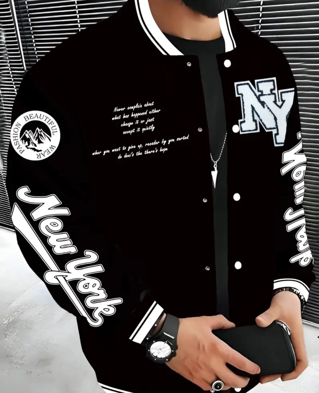 New York Series Men's Casual Fleece Baseball Jacket - 100% Polyester Knit Fabric, Slight Stretch, Alphabets Pattern, Regular Fit Fall/Winter Jacket with Baseball Collar Style