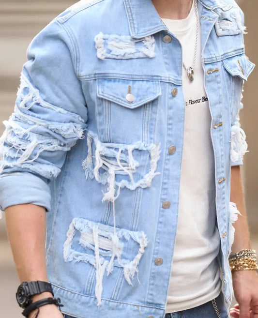 Solid Patchwork Tassel Denim Jacket For Men, Stylish Casual Jacket For Males, Men Clothing