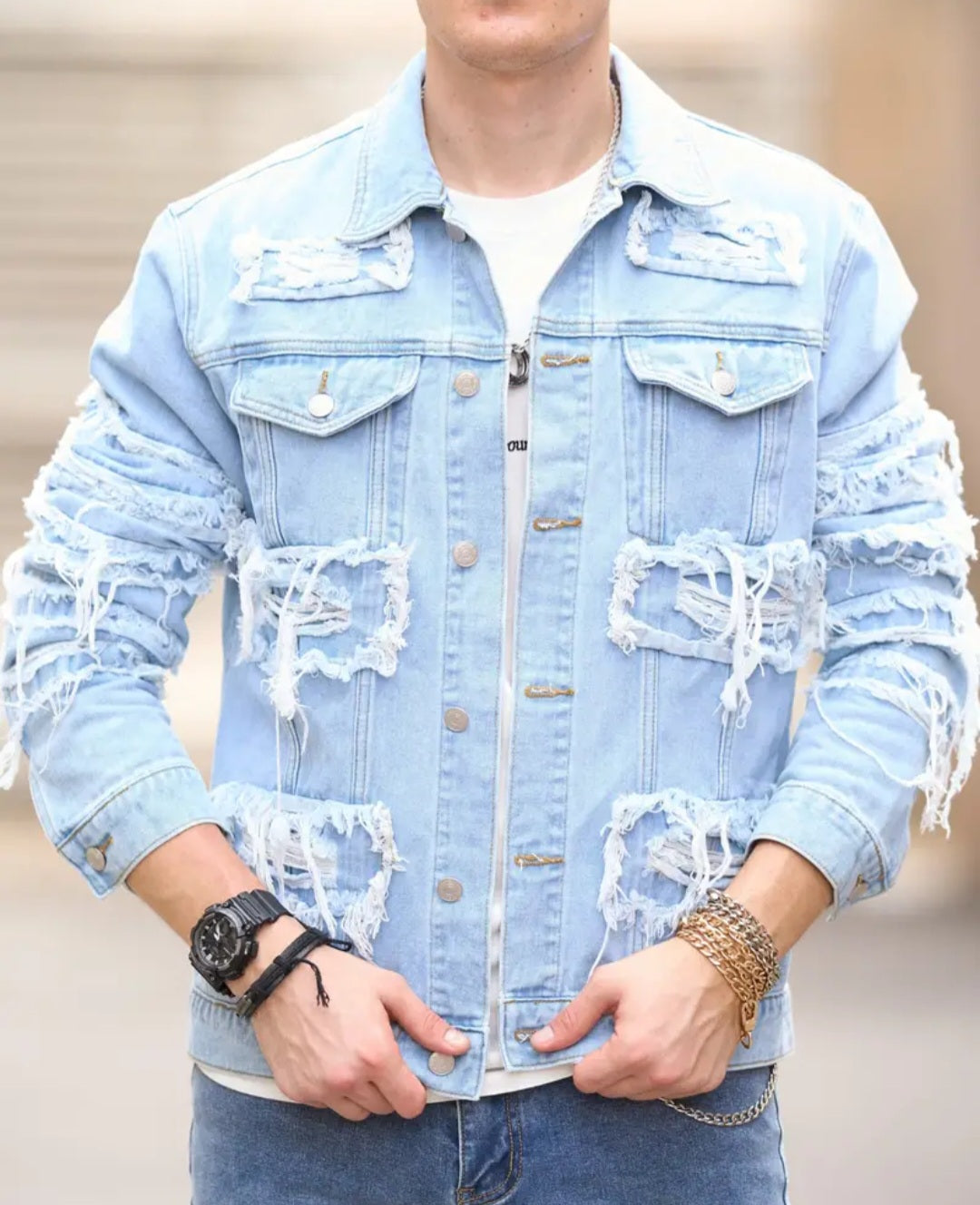 Solid Patchwork Tassel Denim Jacket For Men, Stylish Casual Jacket For Males, Men Clothing