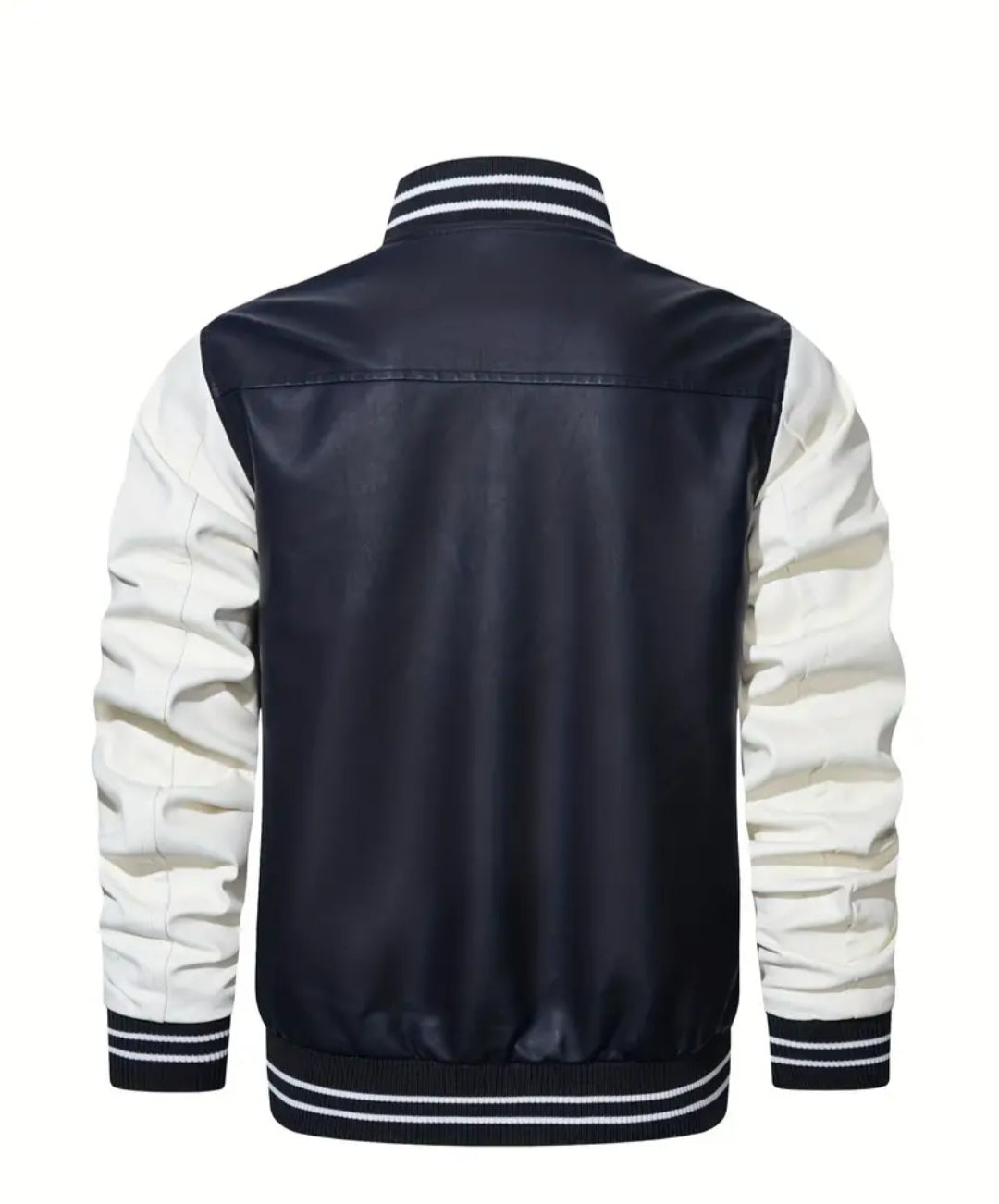 Men's Casual Pockets "R" Print zip up color block Baseball Collar PU Leather Jacket