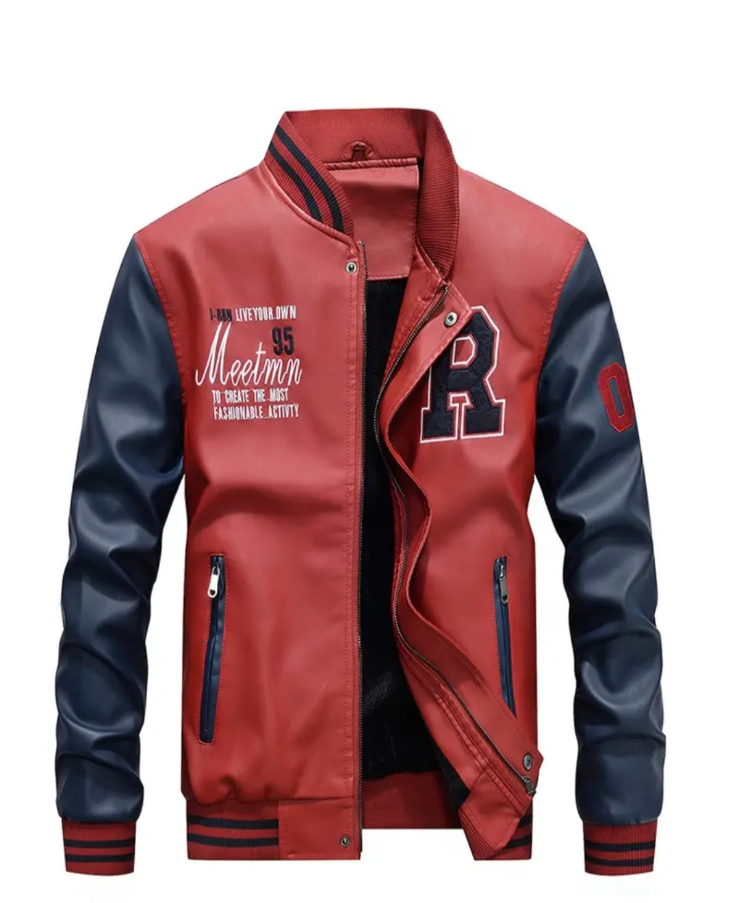 Men's Casual Pockets "R" Print zip up color block Baseball Collar PU Leather Jacket