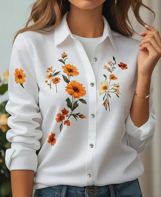 Floral Print Button Front Blouse, Vintage Long Sleeve Blouse For Spring & Fall, Women's Clothing