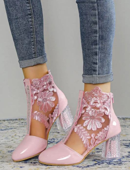 Women's Flower Lace Ankle Boots, Pink Back Zipper Clear Heeled Boots, Short Boots