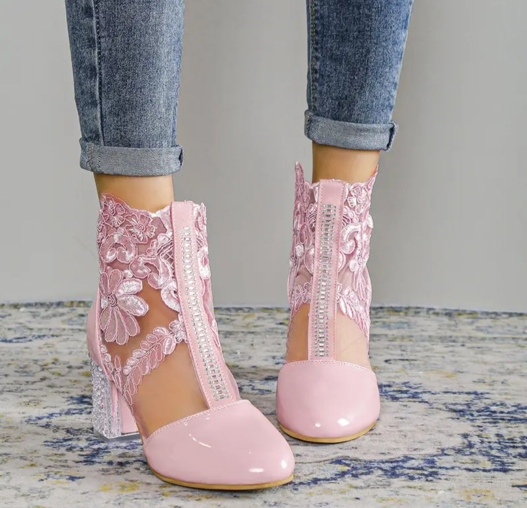 Women's Flower Lace Ankle Boots, Pink Back Zipper Clear Heeled Boots, Short Boots