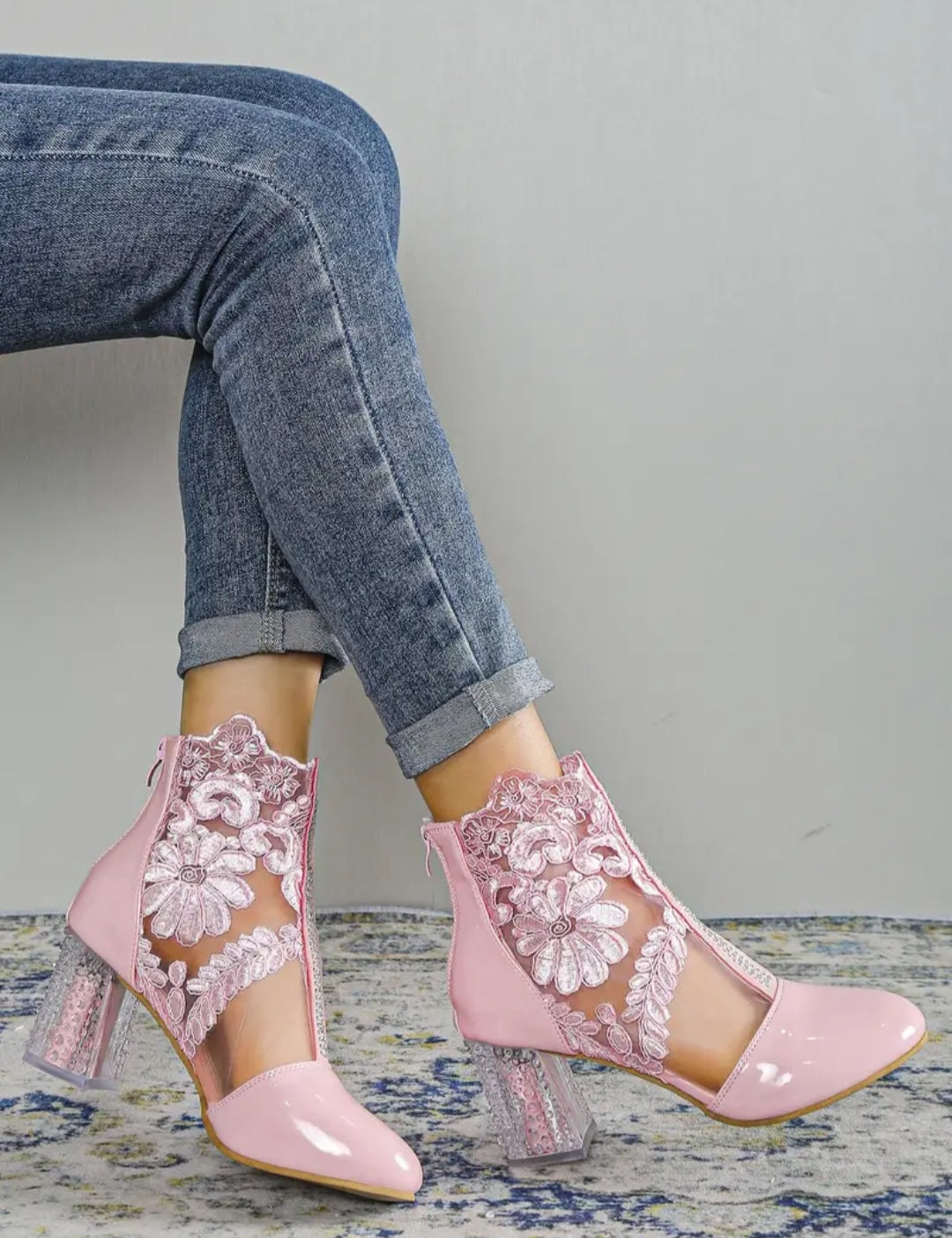 Women's Flower Lace Ankle Boots, Pink Back Zipper Clear Heeled Boots, Short Boots