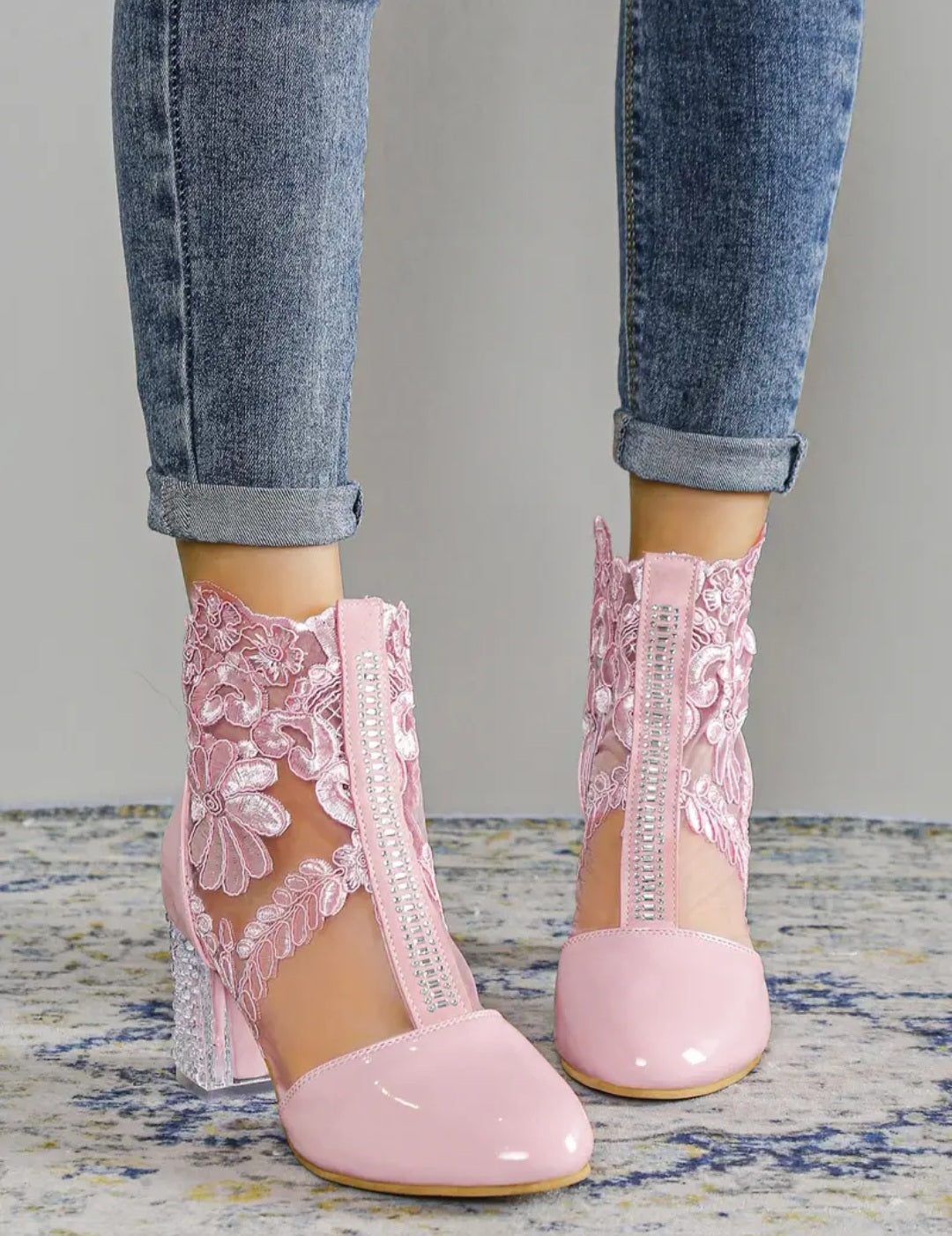 Women's Flower Lace Ankle Boots, Pink Back Zipper Clear Heeled Boots, Short Boots