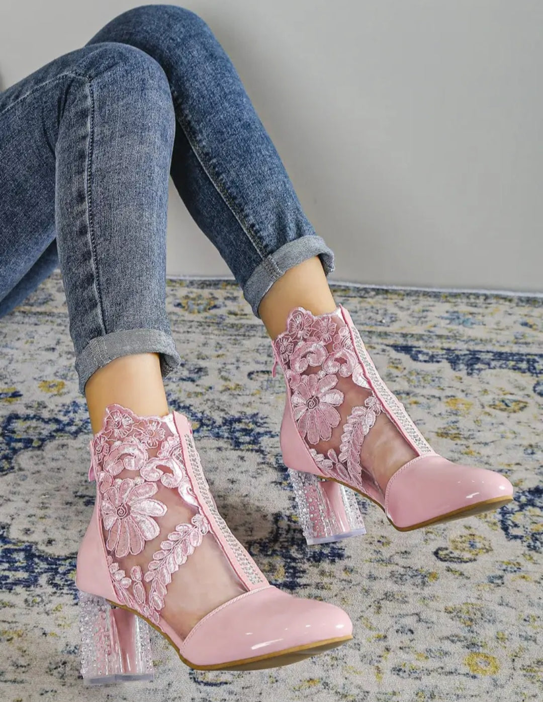 Women's Flower Lace Ankle Boots, Pink Back Zipper Clear Heeled Boots, Short Boots