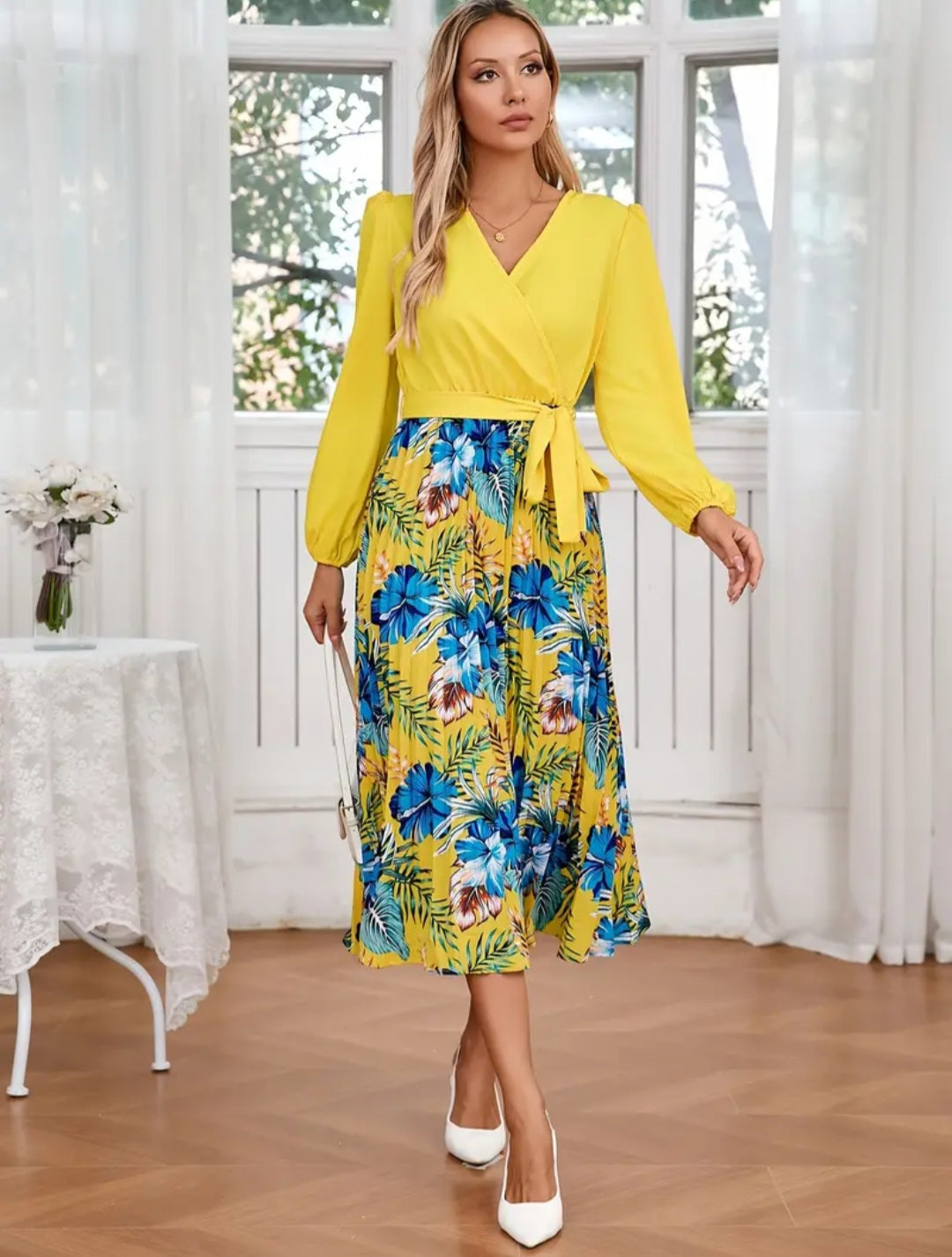 Floral Print Long Sleeve Belted Dress, Elegant Pleated Hem A-line Surplice Neck Dress For Spring & Fall, Women's Clothing