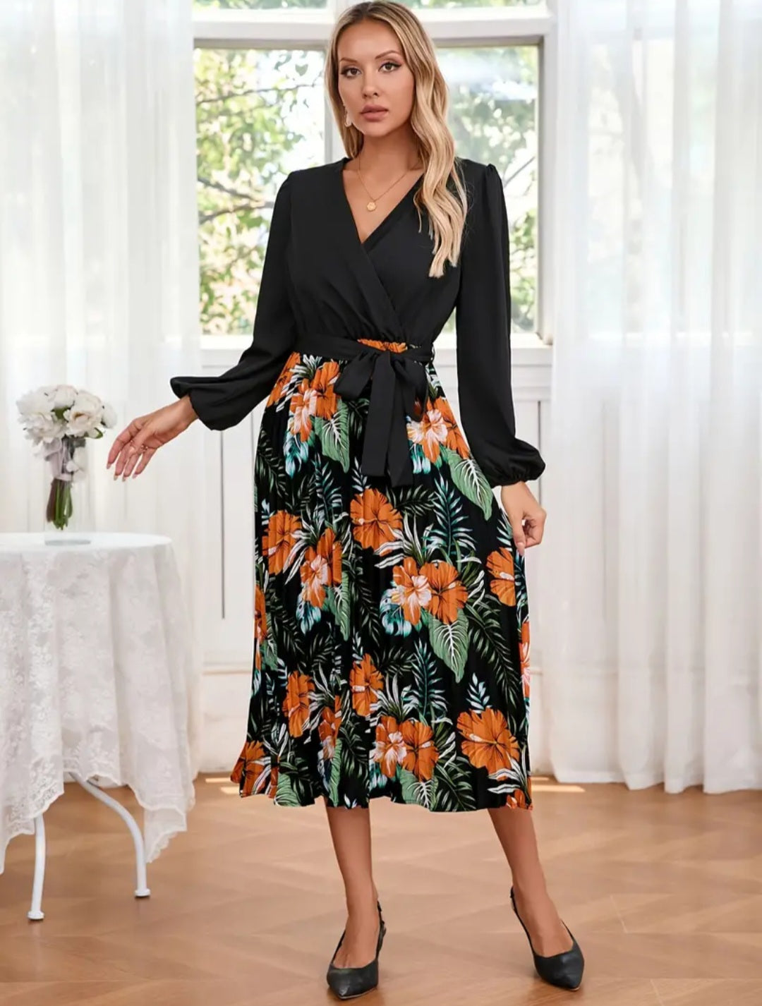 Floral Print Long Sleeve Belted Dress, Elegant Pleated Hem A-line Surplice Neck Dress For Spring & Fall, Women's Clothing