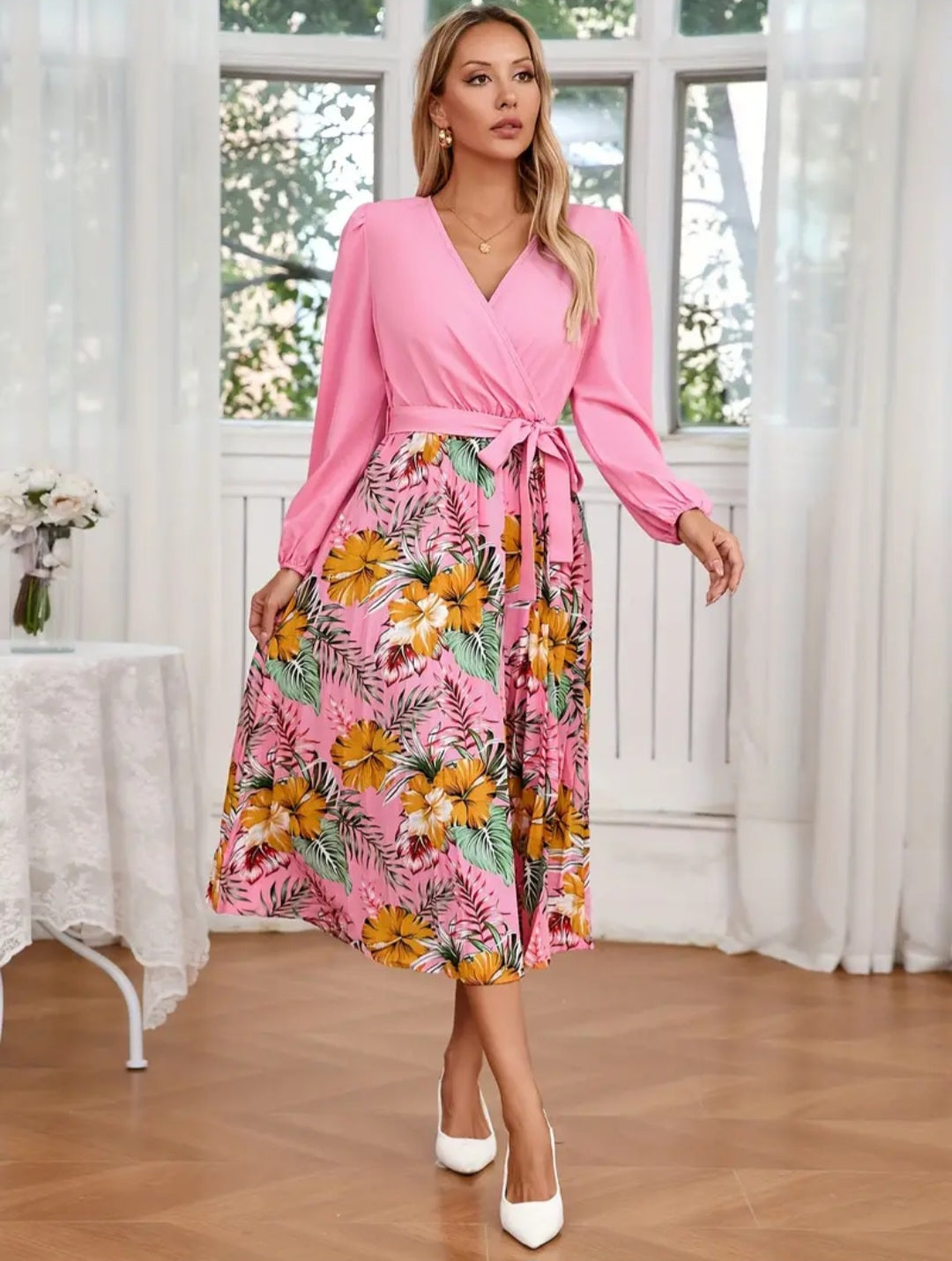 Floral Print Long Sleeve Belted Dress, Elegant Pleated Hem A-line Surplice Neck Dress For Spring & Fall, Women's Clothing