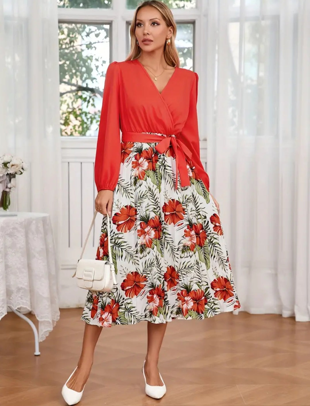 Floral Print Long Sleeve Belted Dress, Elegant Pleated Hem A-line Surplice Neck Dress For Spring & Fall, Women's Clothing