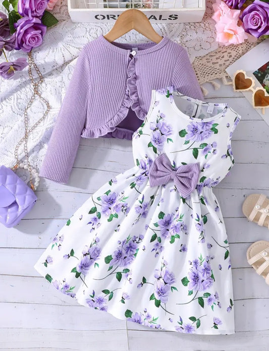 1 Set Girls Outfit Elegant Bow Floral sleeveless Dress + Ruffle Trim Long Sleeve Cardigan - Fashion & Comfy 2pcs Spring/Fall Clothes