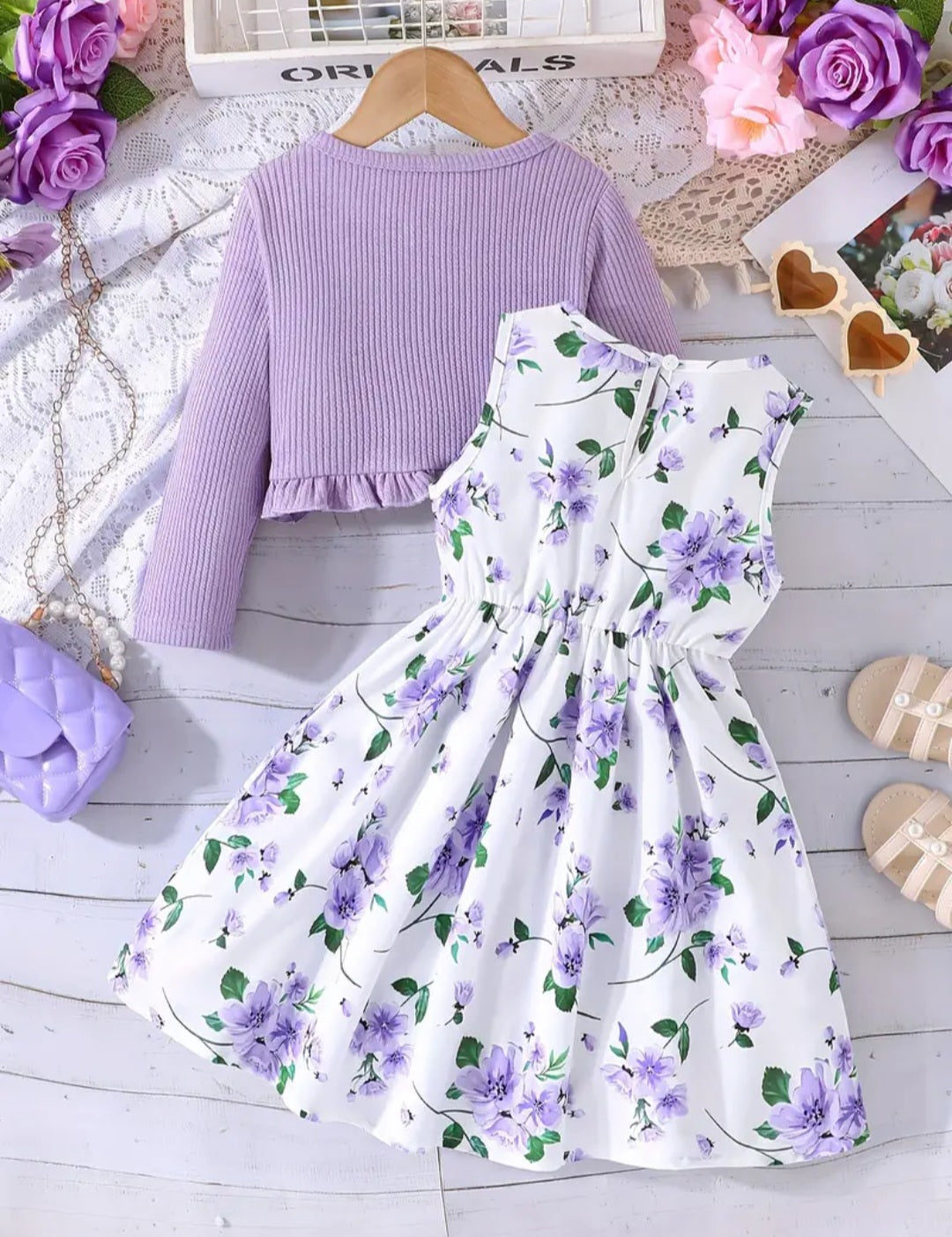 1 Set Girls Outfit Elegant Bow Floral sleeveless Dress + Ruffle Trim Long Sleeve Cardigan - Fashion & Comfy 2pcs Spring/Fall Clothes