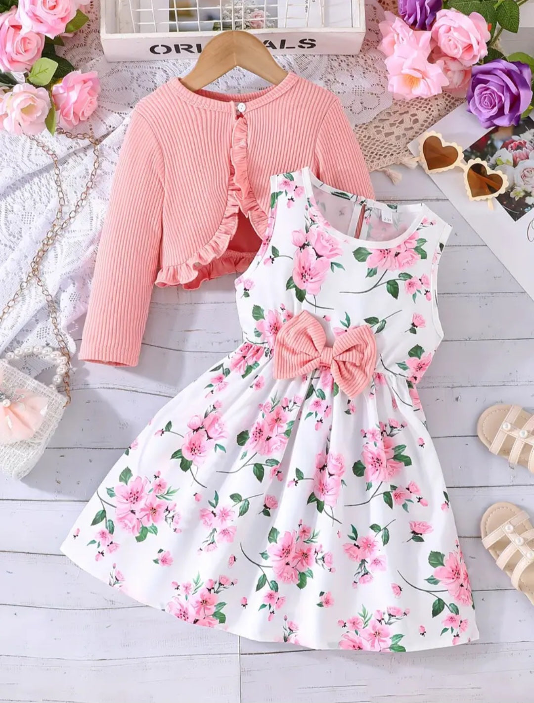 1 Set Girls Outfit Elegant Bow Floral sleeveless Dress + Ruffle Trim Long Sleeve Cardigan - Fashion & Comfy 2pcs Spring/Fall Clothes