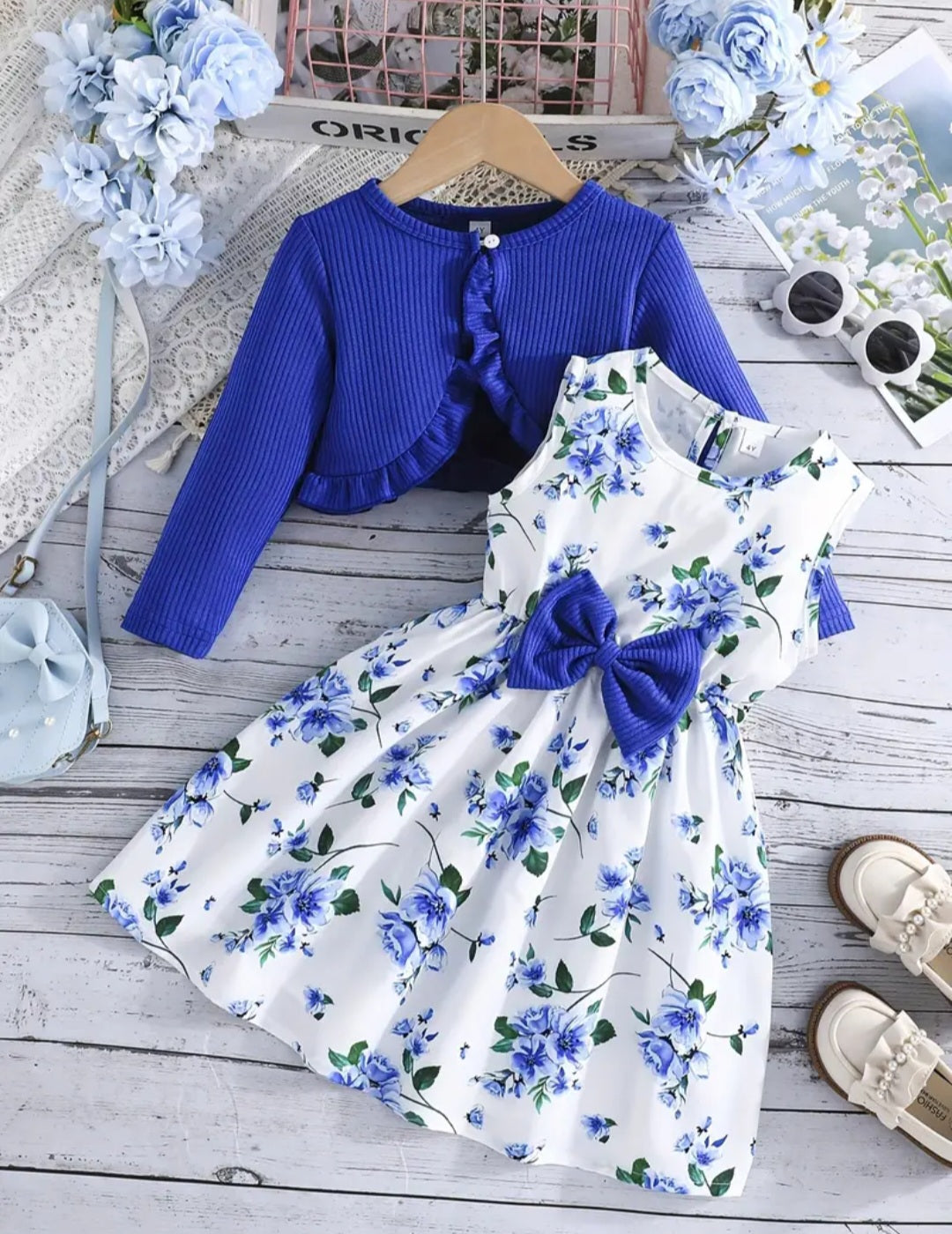 1 Set Girls Outfit Elegant Bow Floral sleeveless Dress + Ruffle Trim Long Sleeve Cardigan - Fashion & Comfy 2pcs Spring/Fall Clothes